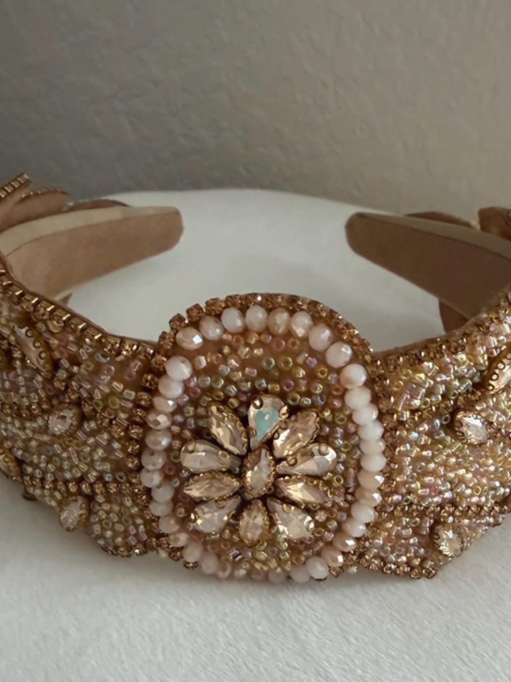 Gold Beaded Floral Crystal Statement Headband Glam